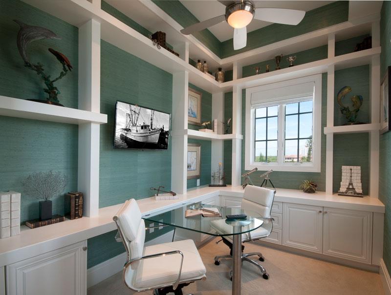 Transitional Home Office with white leather rolling office chairs